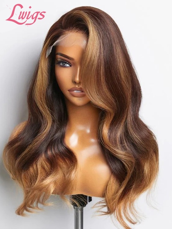 Lwigs Breathable Cap Brown Ombre Color With Highlights Wavy 8x6 Glueless Lace Wig LWX04