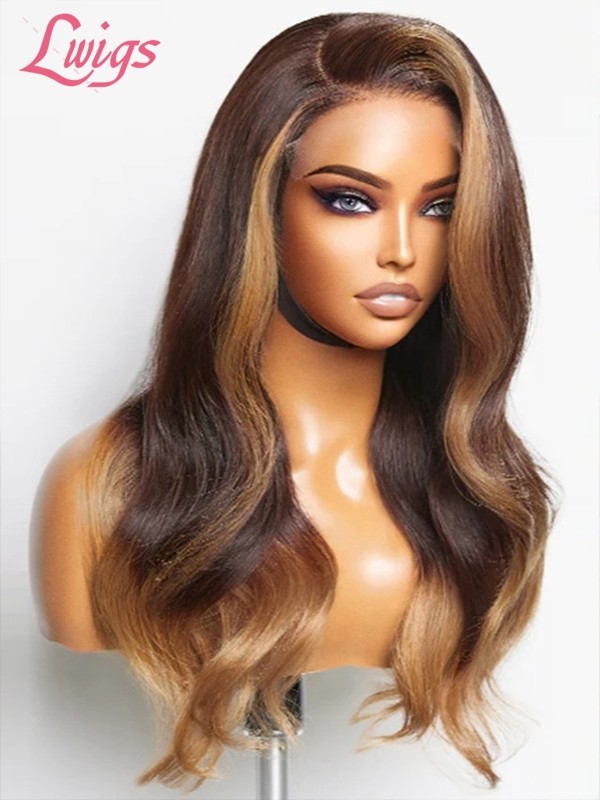 Lwigs Breathable Cap Brown Ombre Color With Highlights Wavy 8x6 Glueless Lace Wig LWX04