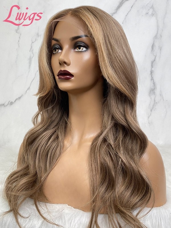 Lwigs Custom Wig Units Brown Color With Blonde Highlights Layered Bangs Human Hair Customized Full Lace Wig Custom02