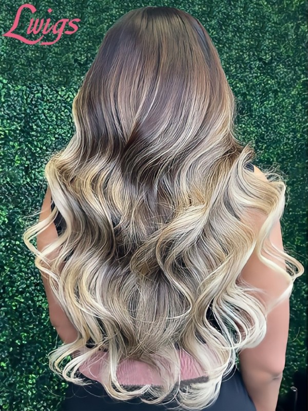 Lwigs Custom Wig Units Natural Hiarline Wavy Ombre Highlight Blode Color Virgin Human Hair Pre-bleached Lace Wig Custom06