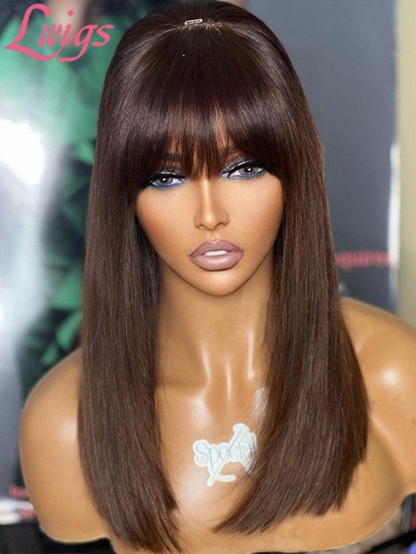 Lwigs Dark Brown Color Wigs With Bangs Brazilian Human Hair Silky Straight 13x4 Undetectable HD Lace Front Wigs NEW19