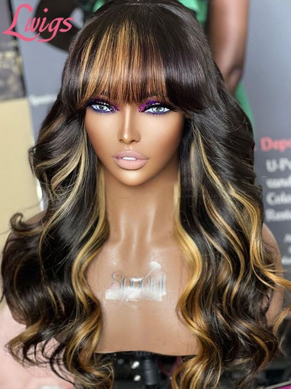 Lwigs Full Lace Wigs Back In Stock Easy To Install Body Wave With Bangs Highlight Color HD 360 Lace Wig Clean Hairline NEW43
