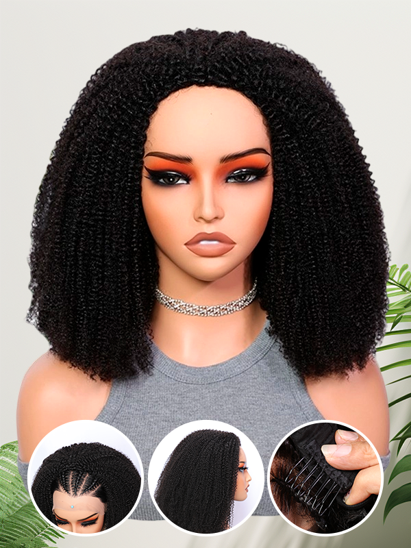 Lwigs Most-Fit Afro Kinky Curly Heavy 250% Density Put On & Go Invisible Drawstring Seamless Flip Over 3 In 1 Half Wig UD09