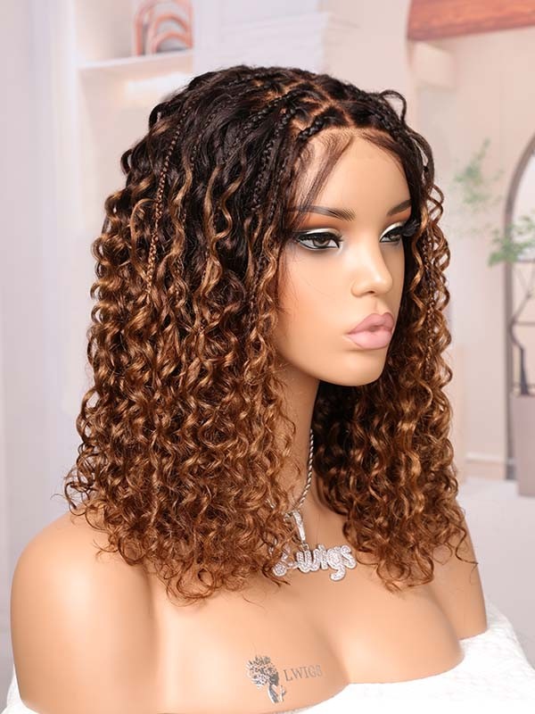 Lwigs Most-Fit Cap #1B#30 Ombre Color Boho Braided Wig Short Length Tiny Knots 5x5 HD Lace Closure Top Braids Wigs UD30