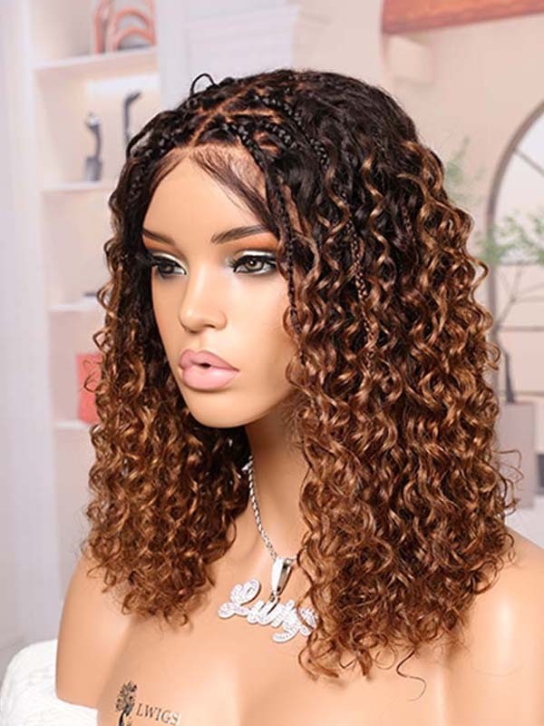 Lwigs Most-Fit Cap #1B#30 Ombre Color Boho Braided Wig Short Length Tiny Knots 5x5 HD Lace Closure Top Braids Wigs UD30