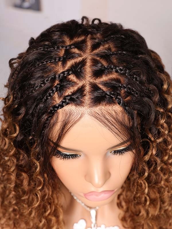 Lwigs Most-Fit Cap #1B#30 Ombre Color Boho Braided Wig Short Length Tiny Knots 5x5 HD Lace Closure Top Braids Wigs UD30