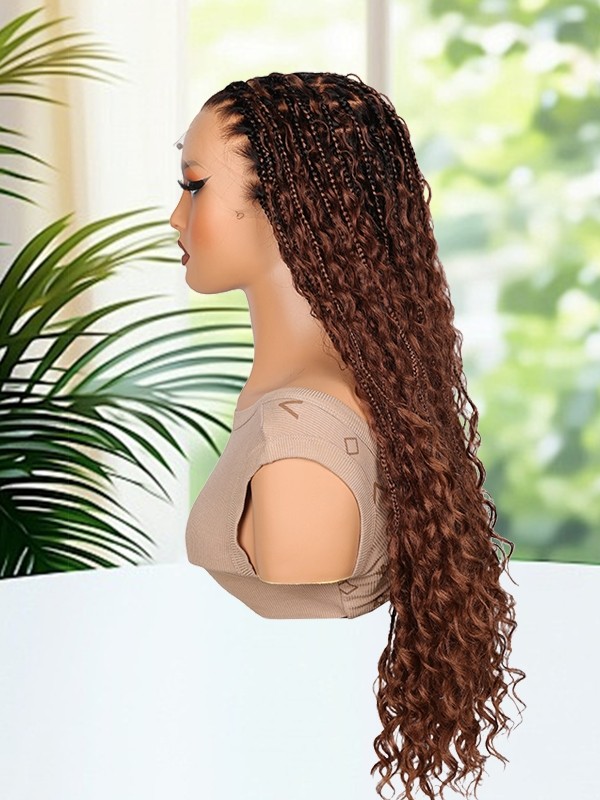 Lwigs Most-Fit Cap Beginner Friendly Pre-Braided 180% Density Ombre Brown Color Knotless HD Full Lace Wig UD05