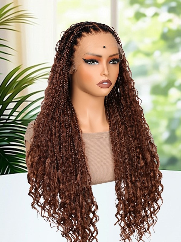 Lwigs Most-Fit Cap Beginner Friendly Pre-Braided 180% Density Ombre Brown Color Knotless HD Full Lace Wig UD05