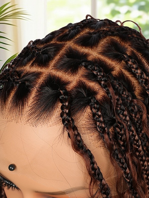 Lwigs Most-Fit Cap Beginner Friendly Pre-Braided 180% Density Ombre Brown Color Knotless HD Full Lace Wig UD05