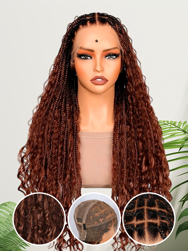 Lwigs Most-Fit Cap Beginner Friendly Pre-Braided 180% Density Ombre Brown Color Knotless HD Full Lace Wig UD05