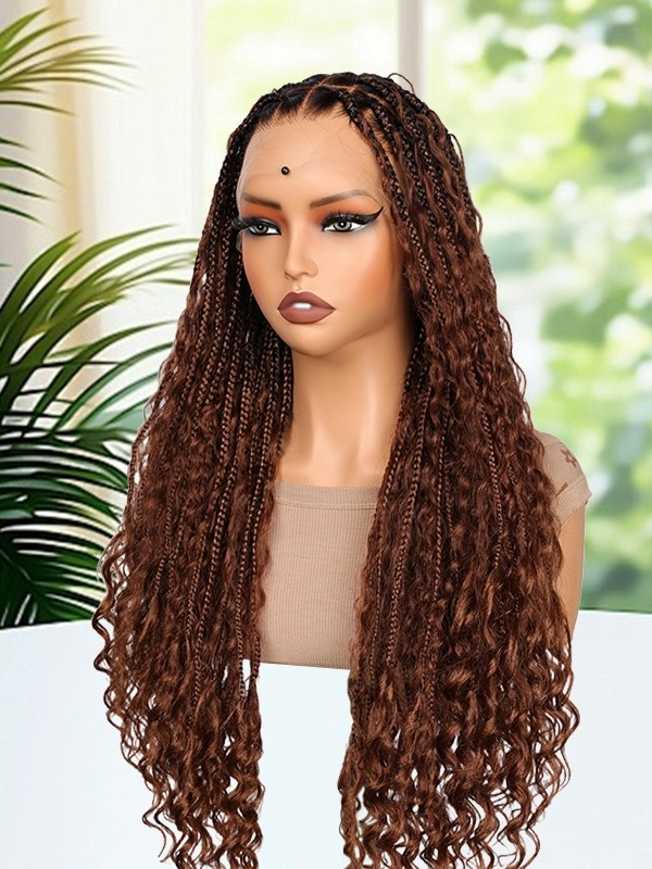 Lwigs Most-Fit Cap Beginner Friendly Pre-Braided 180% Density Ombre Brown Color Knotless HD Full Lace Wig UD05