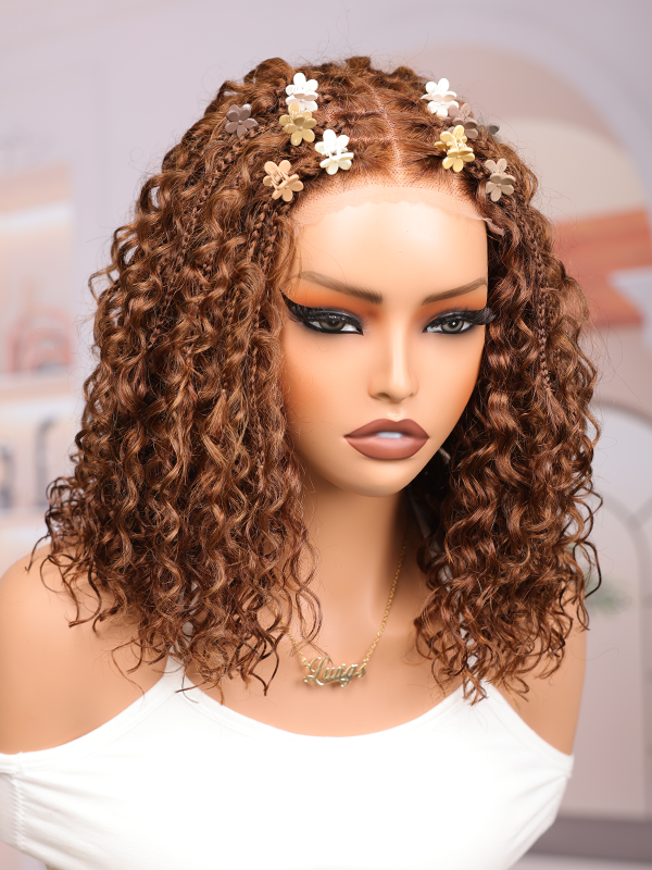 Lwigs Most-Fit Cap Boho Curls Top Braided Wigs Invisible Skinlike HD Lace Short Length Natural Color 5x5 Lace Closure Wigs UD29