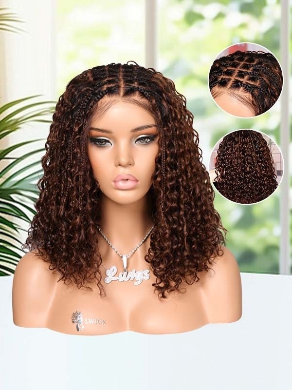 Lwigs Most-Fit Cap Boho Curls Braided Wigs Pre Bleached Top Selling Ombre Brown Colors 16inch 5x5 HD Lace Closure Wigs UD18
