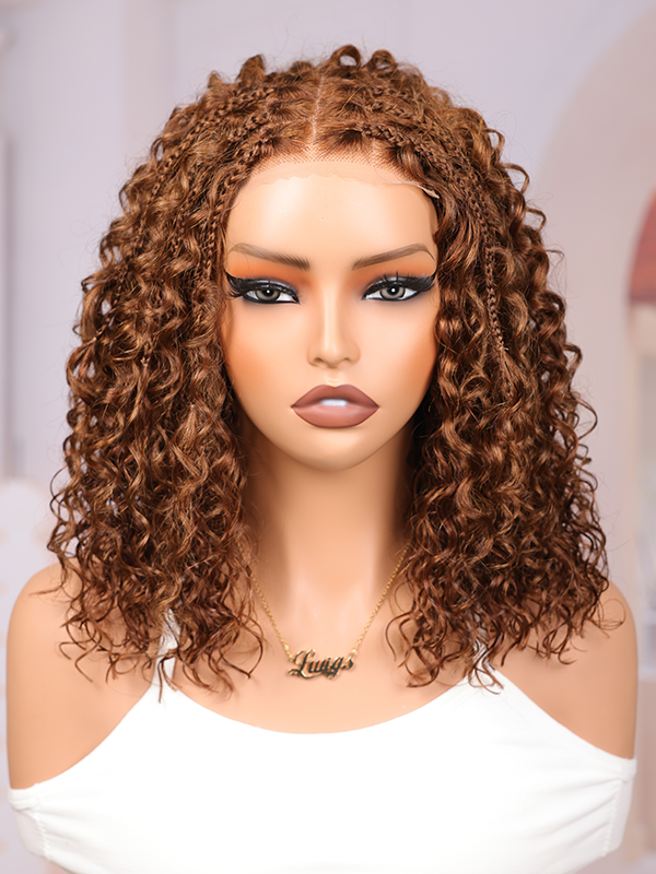 Lwigs Most-Fit Cap Boho Curls Top Braided Wigs Invisible Skinlike HD Lace Short Length Natural Color 5x5 Lace Closure Wigs UD29