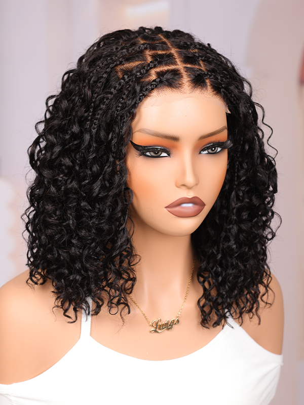 Lwigs Most-Fit Cap Boho Curls Top Braided Wigs Invisible Skinlike HD Lace Short Length Natural Color 5x5 Lace Closure Wigs UD29