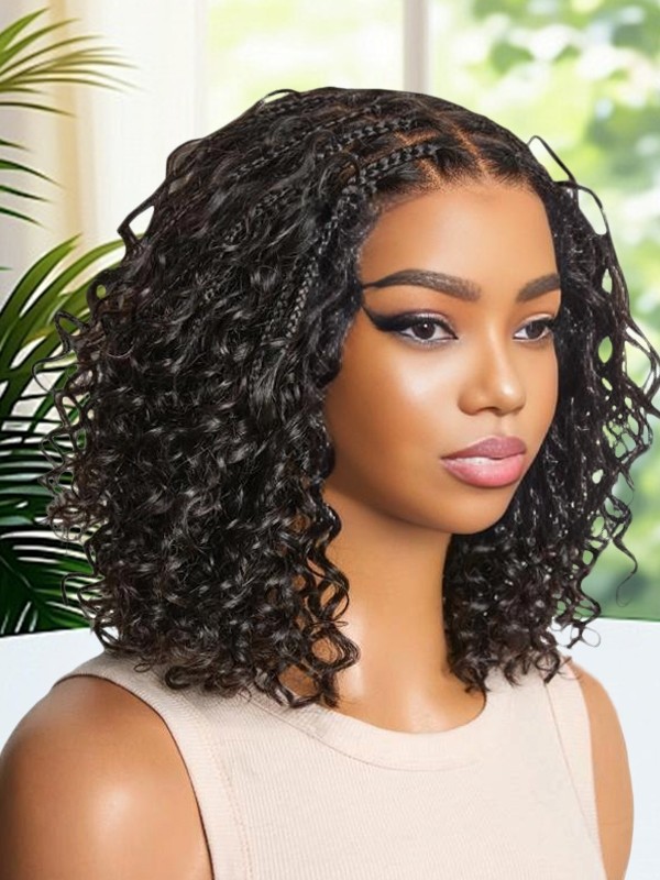 Lwigs Most-Fit Cap Boho Curls Top Braided Wigs Invisible Skinlike HD Lace Short Length Natural Color 5x5 Lace Closure Wigs UD29