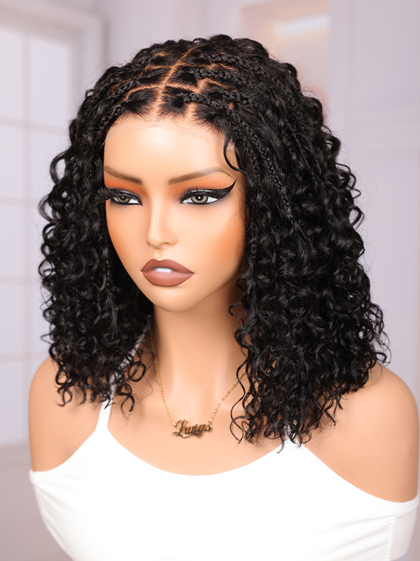 Lwigs Most-Fit Cap Boho Curls Top Braided Wigs Invisible Skinlike HD Lace Short Length Natural Color 5x5 Lace Closure Wigs UD29