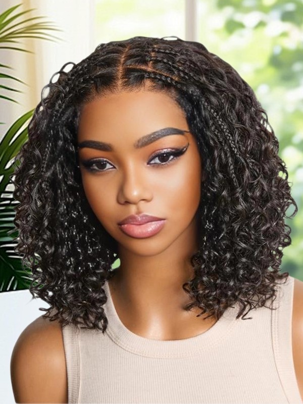 Lwigs Most-Fit Cap Boho Curls Top Braided Wigs Invisible Skinlike HD Lace Short Length Natural Color 5x5 Lace Closure Wigs UD29