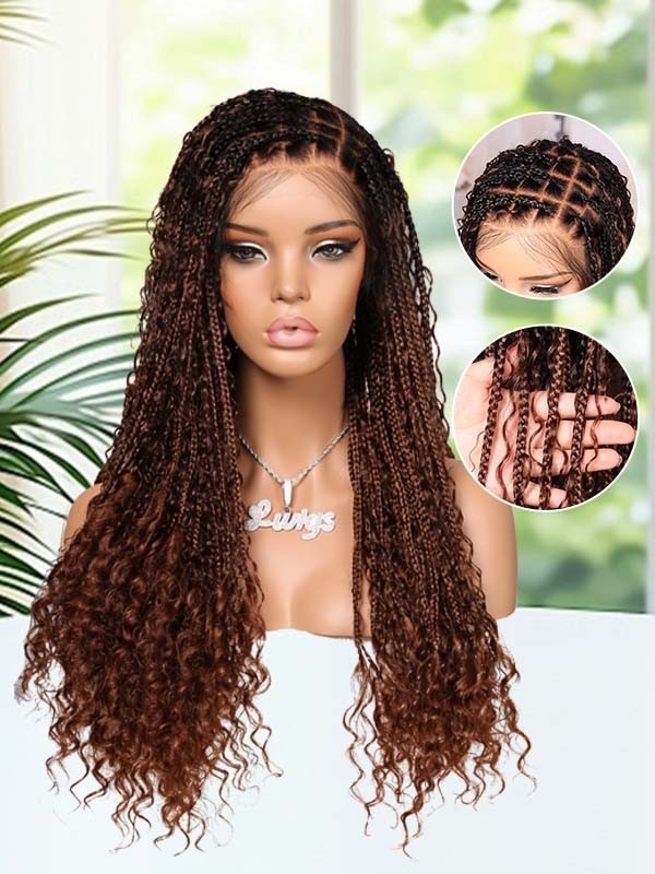 Lwigs Most-Fit Cap Fashion Ombre Brown Color 180% Density Side Part HD Full Lace Knotless Long Braided Wigs With Tiny Knots UD21