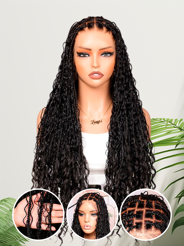 Lwigs Most-Fit Cap Handmade 180% Density Real Skinlike HD Full Lace Knotless Long Boho Box Braided Wig UD04