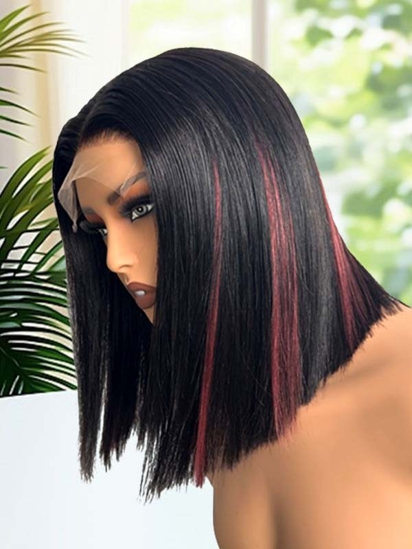 Lwigs Most-Fit Skinlike HD Lace Silky Straight Bob 12 Inch 200% Density Dress-up Blue Highlight Color 5x5 Closure Wigs UD01