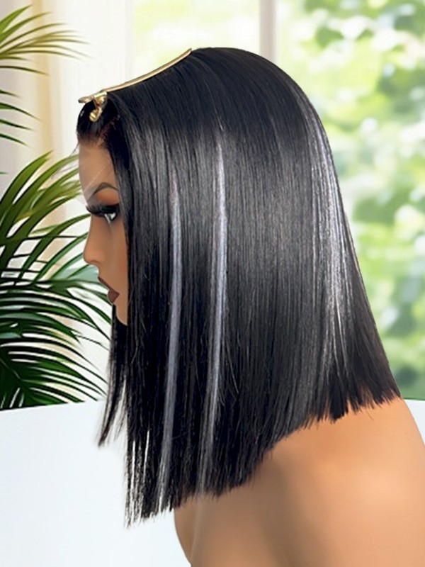 Lwigs Most-Fit Skinlike HD Lace Silky Straight Bob 12 Inch 200% Density Dress-up Blue Highlight Color 5x5 Closure Wigs UD01