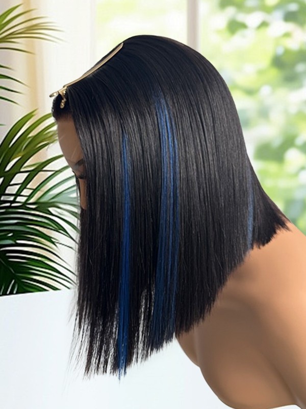 Lwigs Most-Fit Skinlike HD Lace Silky Straight Bob 12 Inch 200% Density Dress-up Blue Highlight Color 5x5 Closure Wigs UD01
