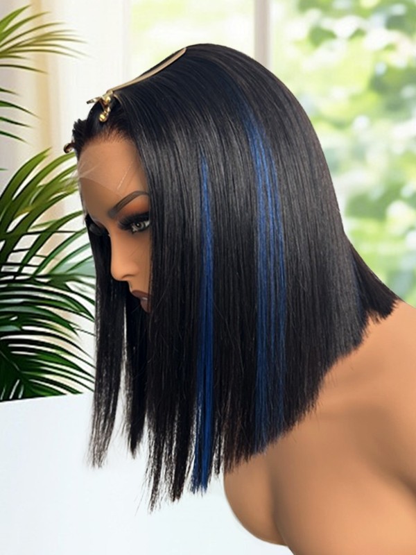 Lwigs Most-Fit Skinlike HD Lace Silky Straight Bob 12 Inch 200% Density Dress-up Blue Highlight Color 5x5 Closure Wigs UD01