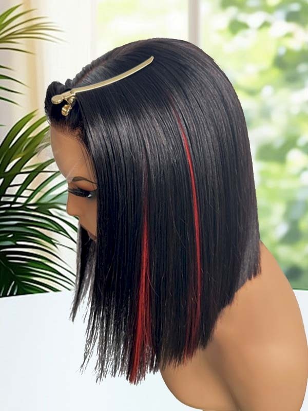 Lwigs Most-Fit Skinlike HD Lace Silky Straight Bob 12 Inch 200% Density Dress-up Blue Highlight Color 5x5 Closure Wigs UD01