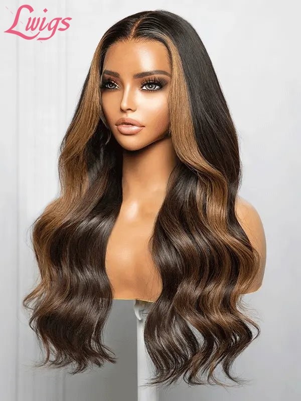 Lwigs New-in Bleached Knots Highlight Color Human Hair Middle Part Body Wave 360 HD Transparent Lace Wigs NEW36