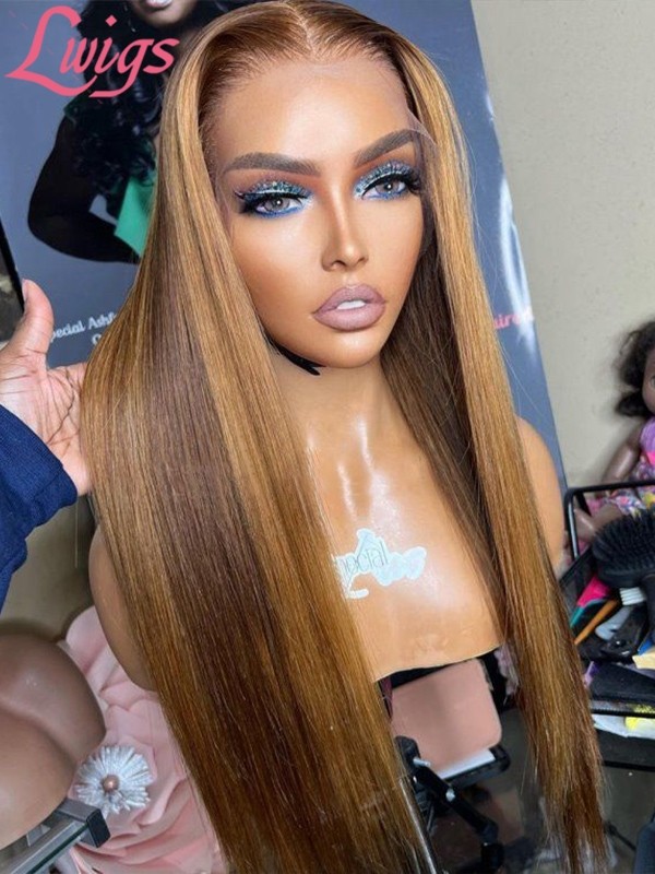 Lwigs New-in Brown Color With Honey Blonde Highlights Clean Hairline Silk Straight Hair Best 360 Human Hair Lace Wigs NEW18