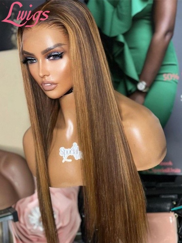 Lwigs New-in Brown Color With Honey Blonde Highlights Clean Hairline Silk Straight Hair Best 360 Human Hair Lace Wigs NEW18