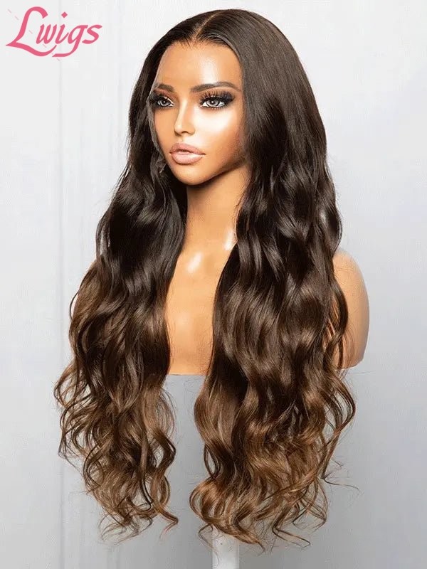 Lwigs New-in Ombre Colored Wigs Pre Plucked HD Transparent Lace Human Hair Middle Part Body Wave 360 Lace Wigs NEW35