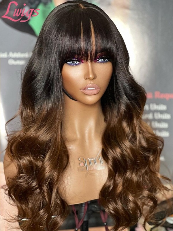 Lwigs New Arrival Bleached Knots Ombre Brown Color Clean Hairline HD Lace 360 Lace Wig Body Wave With Bangs NEW47