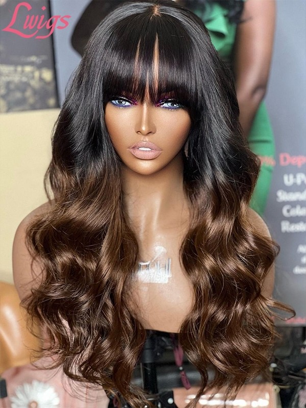 Lwigs New Arrival Bleached Knots Ombre Brown Color Clean Hairline HD Lace 360 Lace Wig Body Wave With Bangs NEW47