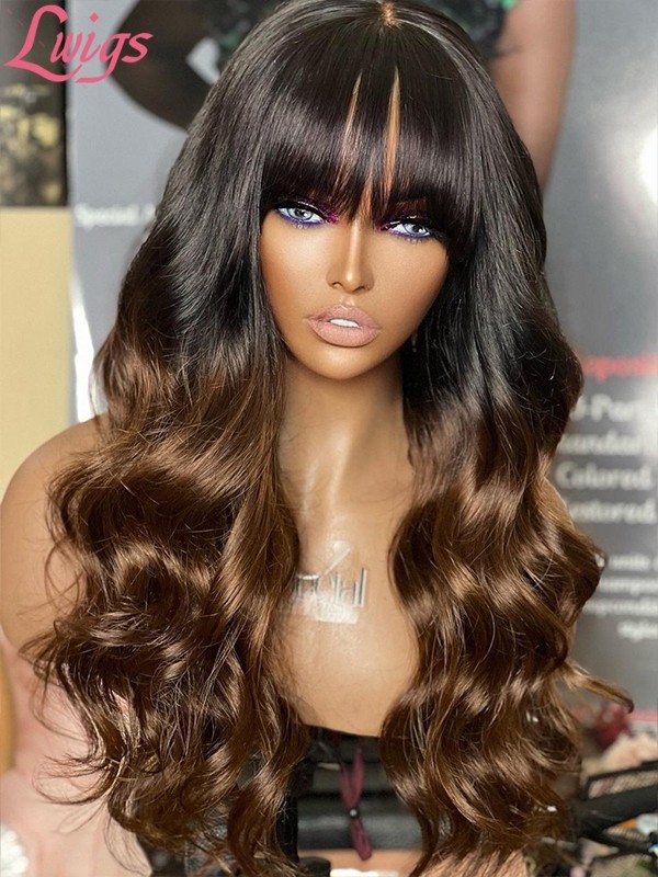 Lwigs New Arrival Bleached Knots Ombre Brown Color Clean Hairline HD Lace 360 Lace Wig Body Wave With Bangs NEW47