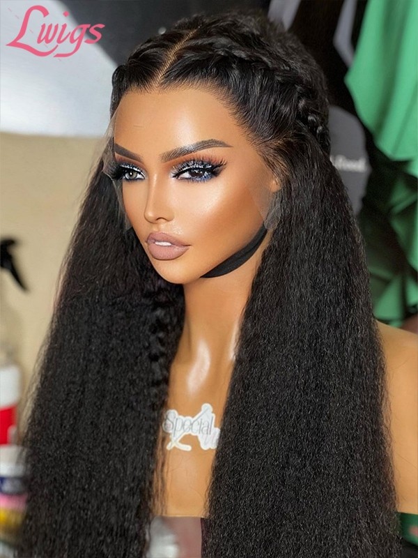 Lwigs New Arrival Pre-plucked Side Part Kinky Straight 100% Brazilian Virgin Human Hair360 HD Lace Wigs With Clean Hairline NEW06