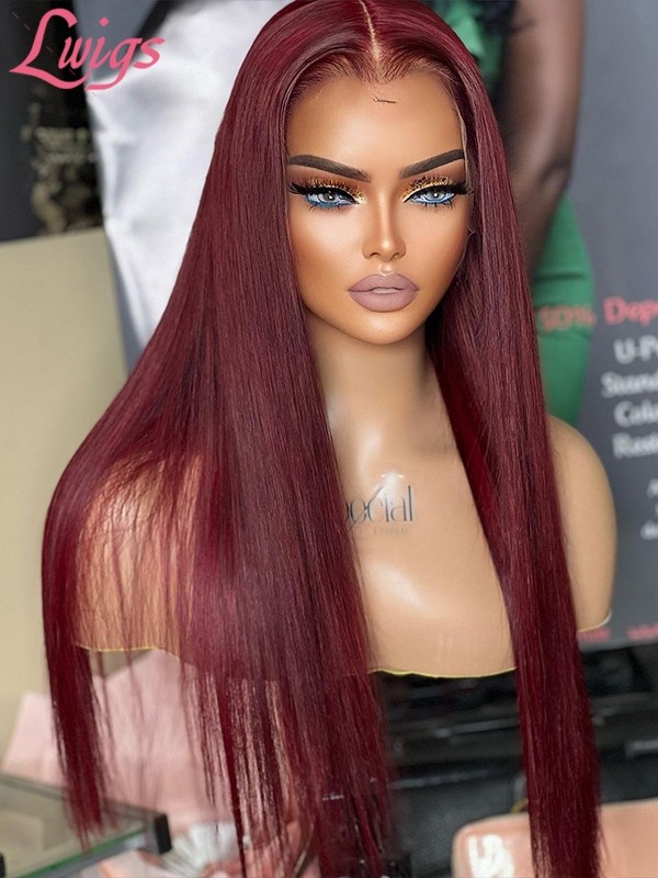 Lwigs New Arrival Silky Straight HD Swiss Lace #99J Burgundy Color Natural Hairline 360 Invisible Lace Wig For Black Girl NEW09