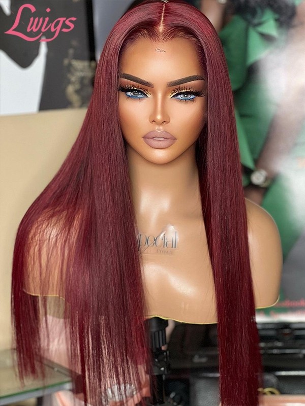 Lwigs New Arrival Silky Straight HD Swiss Lace #99J Burgundy Color Natural Hairline 360 Invisible Lace Wig For Black Girl NEW09