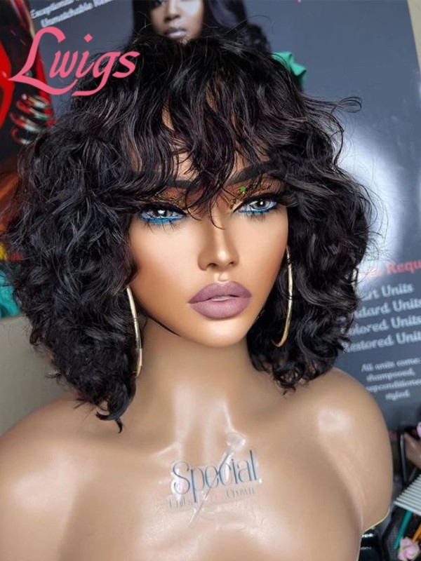 Lwigs New Arrivals 100% Human Hair HD Lace Big Deep Curly With Bangs Short Bob Hairstyles 13x6 Lace Front Wigs NEW67
