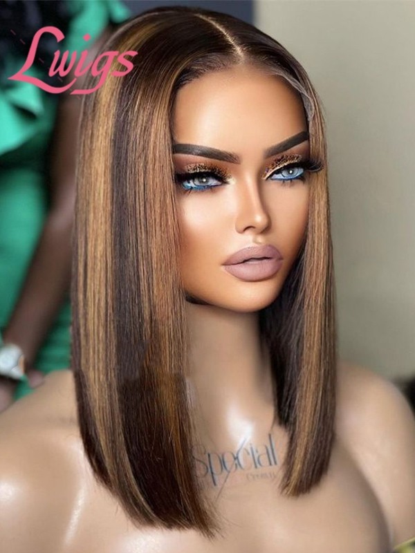 Lwigs New Arrivals 16 Inches Short Bob Haircut Ombre Highlight Color No More Work Needed 13x6 HD Lace Front Wigs NEW69