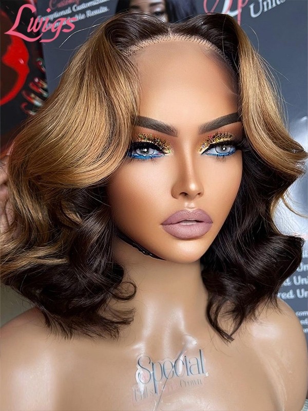 Lwigs New Arrivals Brazilian Human Hair Highlight Color 14 Inches Body Wave Short Wavy HD Swiss Lace 360 Wigs NEW29