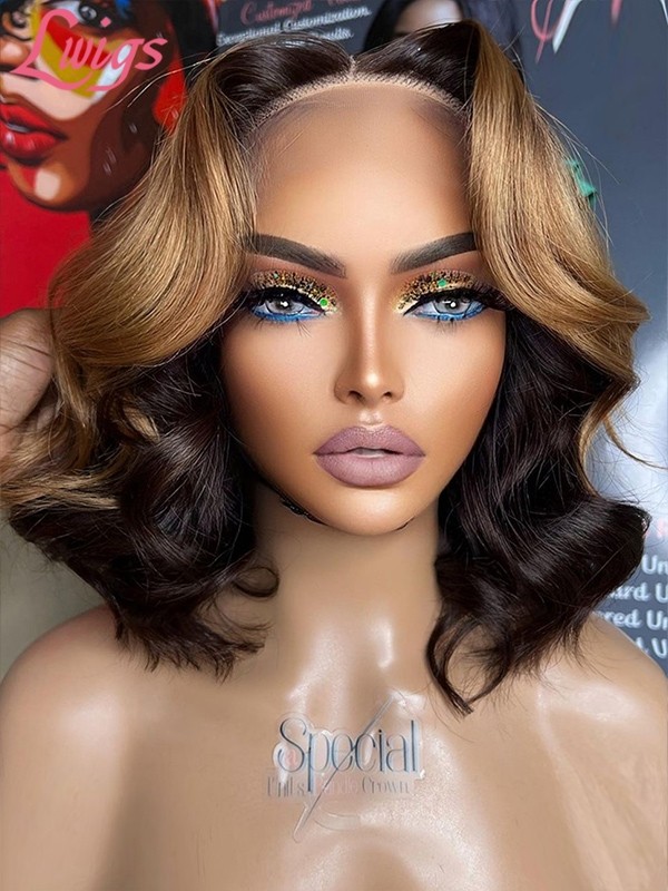 Lwigs New Arrivals Brazilian Human Hair Highlight Color 14 Inches Body Wave Short Wavy HD Swiss Lace 360 Wigs NEW29