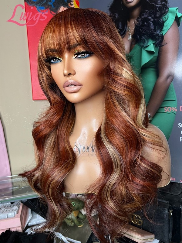 Lwigs New Arrivals Clean Hairline HD Lace Brazilian Hair Orange Brown Highlight Color 13x6 Lace Wigs With Bangs NEW55