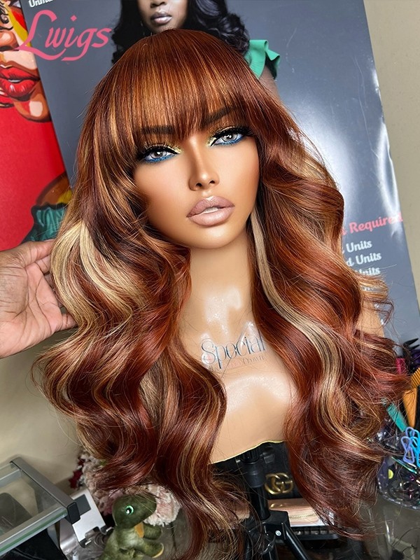 Lwigs New Arrivals Clean Hairline HD Lace Brazilian Hair Orange Brown Highlight Color 13x6 Lace Wigs With Bangs NEW55
