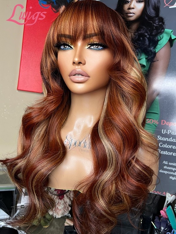 Lwigs New Arrivals Clean Hairline HD Lace Brazilian Hair Orange Brown Highlight Color 13x6 Lace Wigs With Bangs NEW55