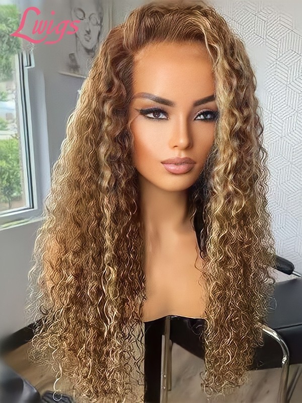 Lwigs New Arrivals Dream 007 Lace Brown Color With Blonde Highlights 8x6 Rear And Go Curly Style Glueless Lace Wig PR20