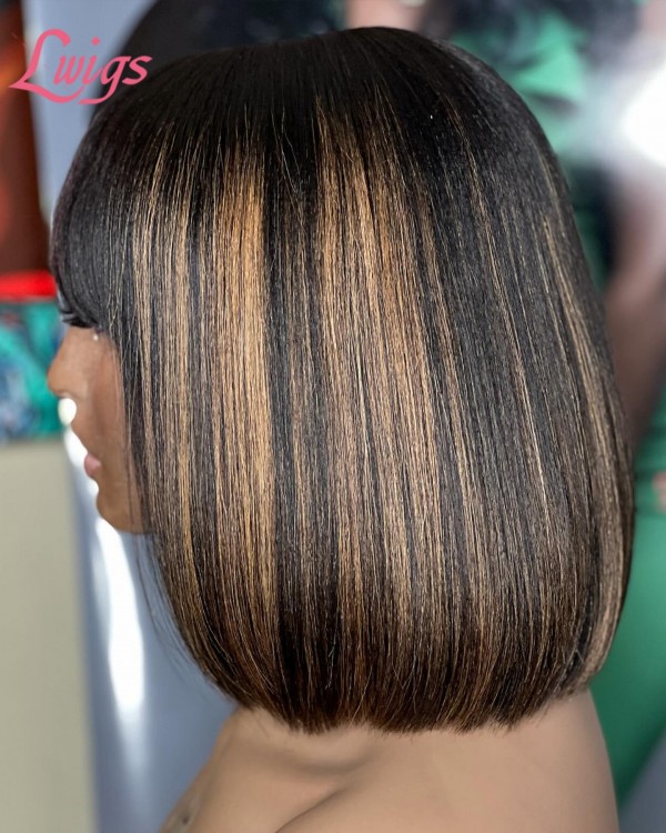 Lwigs New Arrivals Highlight Color Human Hair Lace Wigs Short Bob Haircut 13x6 HD Lace Front Wig With Bangs NEW61
