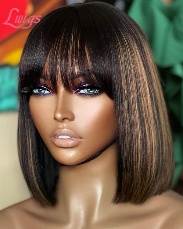 Lwigs New Arrivals Highlight Color Human Hair Lace Wigs Short Bob Haircut 13x6 HD Lace Front Wig With Bangs NEW61