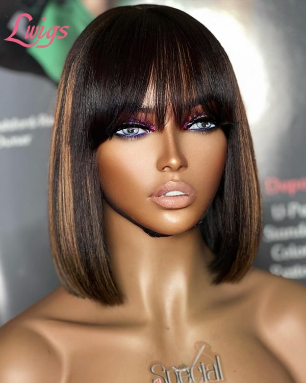 Lwigs New Arrivals Highlight Color Human Hair Lace Wigs Short Bob Haircut 13x6 HD Lace Front Wig With Bangs NEW61
